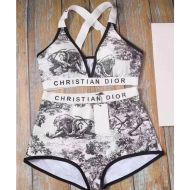 Christian Dior High Waisted Crisscross Bikini Women Toile De Jouy Motif Lycra White