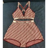 Christian Dior J'Adior High Waisted Crisscross Bikini Women Oblique Motif Lycra Burgundy