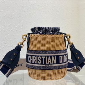 Dior Bucket Bag Wicker and Oblique Motif Canvas Blue